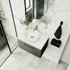 Nuie Arno Wall Hung 1-Drawer Vanity Unit With Bellato Grey Worktop 600mm Wide - Satin Reed Green -HEATANDPLUMB Sales nuie arno vanity unit pmarwh1drvuw6 33 2