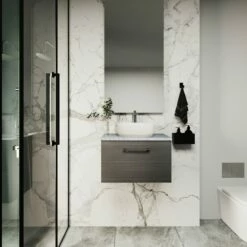 Nuie Arno Wall Hung 1-Drawer Vanity Unit With Bellato Grey Worktop 600mm Wide - Black Woodgrain -HEATANDPLUMB Sales nuie arno vanity unit pmarwh1drvuw6 35 2