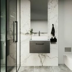 Nuie Arno Wall Hung 1-Drawer Vanity Unit With Bellato Grey Worktop 600mm Wide - Satin Reed Green -HEATANDPLUMB Sales nuie arno vanity unit pmarwh1drvuw6 5 2