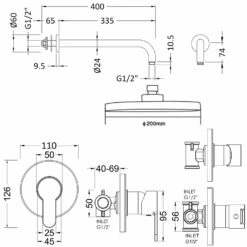 Nuie Arvan Round Manual Concealed Shower Valve With Fixed Head And Arm - Chrome