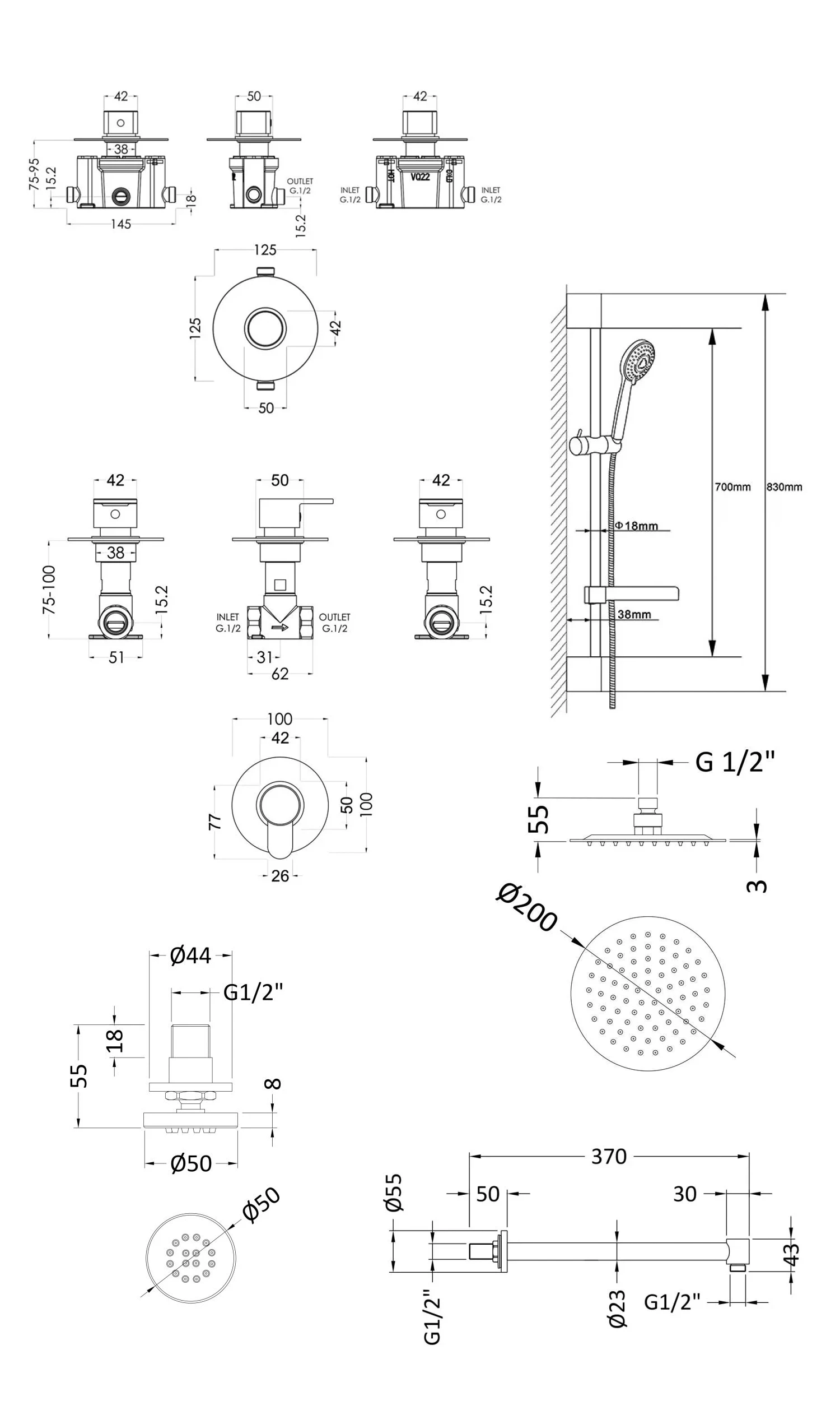 Nuie Arvan Thermostatic Concealed Mixer Shower With Shower Kit + Fixed Head Stop Tap And Body Jet 3 Nuie Arvan Thermostatic Concealed Mixer Shower With Shower Kit + Fixed Head Stop Tap And Body Jet
