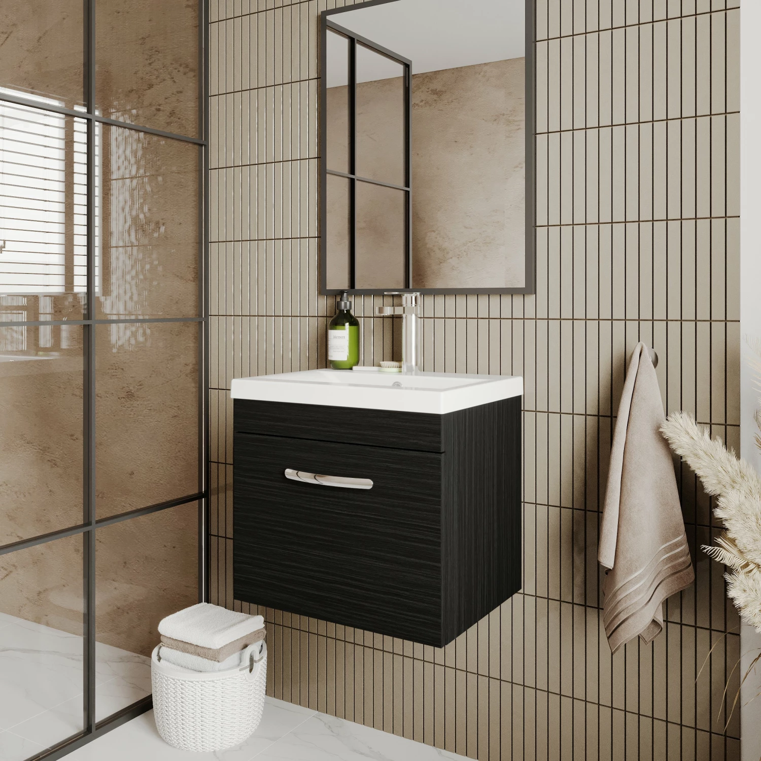 Nuie Athena Wall Hung 1-Drawer Vanity Unit With Basin-2 500mm Wide - Charcoal Black 8 Nuie Athena Wall Hung 1-Drawer Vanity Unit With Basin-2 500mm Wide - Charcoal Black - Image 6