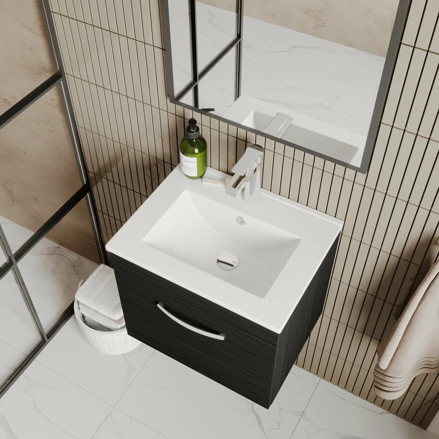 Nuie Athena Wall Hung 1-Drawer Vanity Unit With Basin-2 500mm Wide - Charcoal Black 4 Nuie Athena Wall Hung 1-Drawer Vanity Unit With Basin-2 500mm Wide - Charcoal Black - Image 2