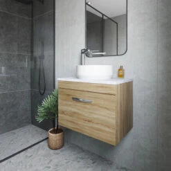 Nuie Athena Wall Hung 1-Drawer Vanity Unit With Sparkling White Worktop 600mm Wide - Natural Oak -HEATANDPLUMB Sales nuie athena vanity unit ath038lsw 4