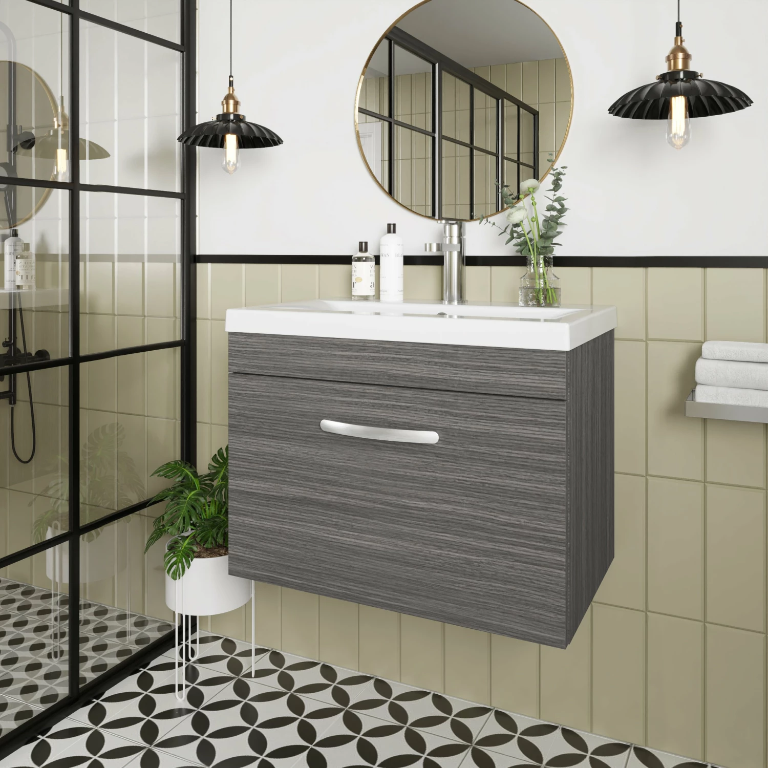 Nuie Athena Wall Hung 1-Drawer Vanity Unit With Basin-3 600mm Wide - Anthracite Woodgrain 4 Nuie Athena Wall Hung 1-Drawer Vanity Unit With Basin-3 600mm Wide - Anthracite Woodgrain - Image 2
