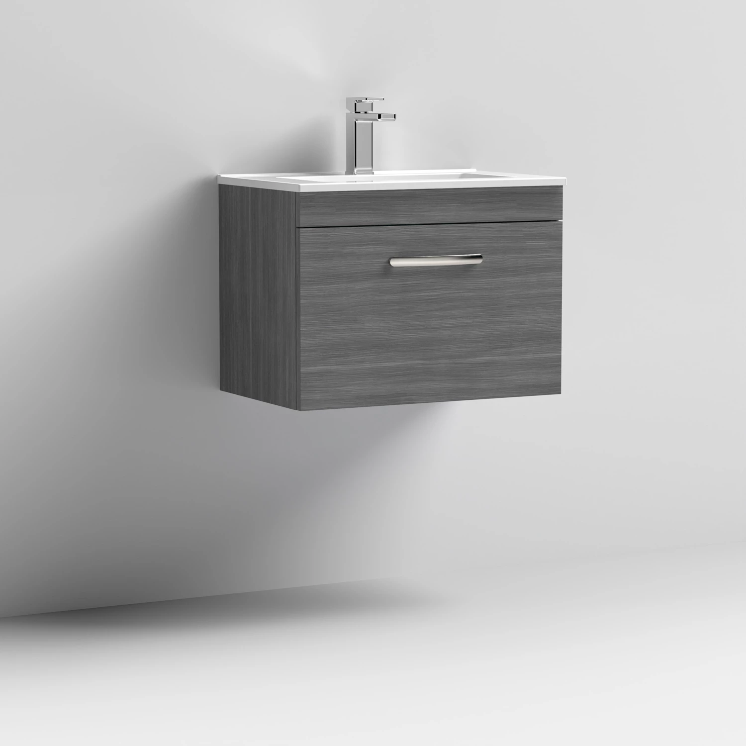 Nuie Athena Wall Hung 1-Drawer Vanity Unit With Basin-2 600mm Wide - Anthracite Woodgrain 4 Nuie Athena Wall Hung 1-Drawer Vanity Unit With Basin-2 600mm Wide - Anthracite Woodgrain - Image 2
