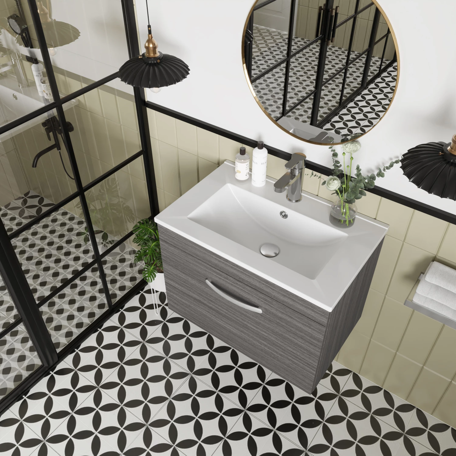 Nuie Athena Wall Hung 1-Drawer Vanity Unit With Basin-2 600mm Wide - Anthracite Woodgrain 3 Nuie Athena Wall Hung 1-Drawer Vanity Unit With Basin-2 600mm Wide - Anthracite Woodgrain