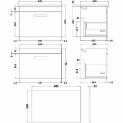Nuie Athena Wall Hung 1-Drawer Vanity Unit With Grey Worktop 600mm Wide - Anthracite Woodgrain -HEATANDPLUMB Sales nuie athena vanity unit ath039lbg 1 4