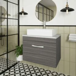 Nuie Athena Wall Hung 1-Drawer Vanity Unit With Grey Worktop 600mm Wide - Charcoal Black Woodgrain -HEATANDPLUMB Sales nuie athena vanity unit ath039lbg 11 3