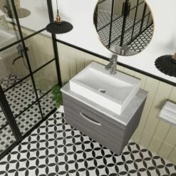 Nuie Athena Wall Hung 1-Drawer Vanity Unit With Grey Worktop 600mm Wide - Anthracite Woodgrain -HEATANDPLUMB Sales nuie athena vanity unit ath039lbg 12 2