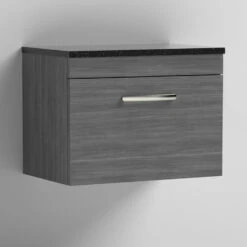 Nuie Athena Wall Hung 1-Drawer Vanity Unit With Sparkling Black Worktop 600mm Wide - Anthracite Woodgrain -HEATANDPLUMB Sales nuie athena vanity unit ath039lsb 5