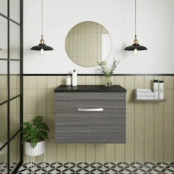 Nuie Athena Wall Hung 1-Drawer Vanity Unit With Sparkling Black Worktop 600mm Wide - Anthracite Woodgrain -HEATANDPLUMB Sales nuie athena vanity unit ath039lsb 6