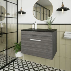 Nuie Athena Wall Hung 1-Drawer Vanity Unit With Sparkling Black Worktop 600mm Wide - Anthracite Woodgrain -HEATANDPLUMB Sales nuie athena vanity unit ath039lsb 7