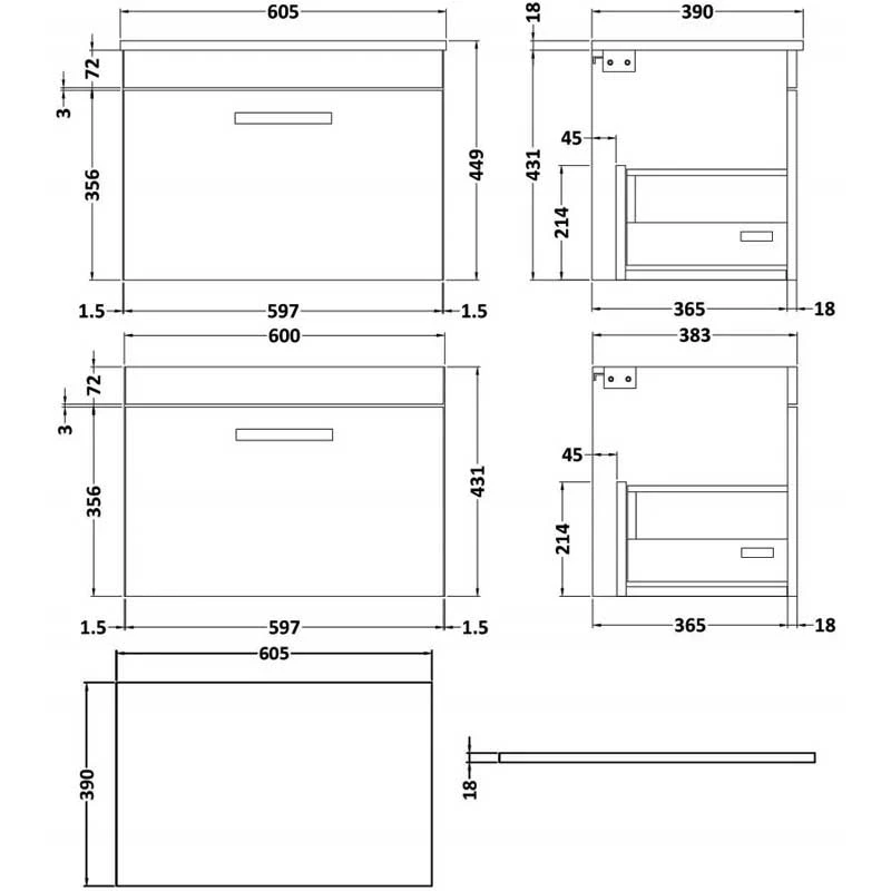 Nuie Athena Wall Hung 1-Drawer Vanity Unit And Worktop 600mm Wide - Gloss Grey Mist 9 Nuie Athena Wall Hung 1-Drawer Vanity Unit And Worktop 600mm Wide - Gloss Grey Mist - Image 7
