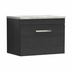 Nuie Athena Wall Hung 1-Drawer Vanity Unit With Grey Worktop 600mm Wide - Charcoal Black Woodgrain -HEATANDPLUMB Sales nuie athena vanity unit ath040lbg 4