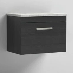 Nuie Athena Wall Hung 1-Drawer Vanity Unit With Grey Worktop 600mm Wide - Charcoal Black Woodgrain -HEATANDPLUMB Sales nuie athena vanity unit ath040lbg 5
