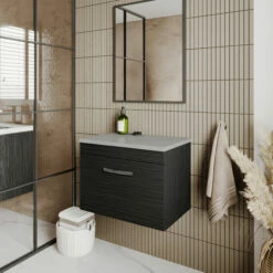 Nuie Athena Wall Hung 1-Drawer Vanity Unit With Grey Worktop 600mm Wide - Charcoal Black Woodgrain -HEATANDPLUMB Sales nuie athena vanity unit ath040lbg 8