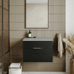 Nuie Athena Wall Hung 1-Drawer Vanity Unit With Grey Worktop 600mm Wide - Charcoal Black Woodgrain -HEATANDPLUMB Sales nuie athena vanity unit ath040lbg 9