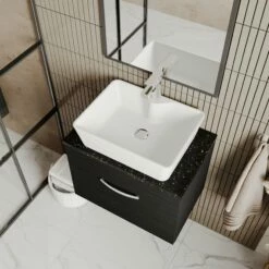 Nuie Athena Wall Hung 1-Drawer Vanity Unit With Sparkling Black Worktop 600mm Wide - Anthracite Woodgrain -HEATANDPLUMB Sales nuie athena vanity unit ath040lsb 12 1