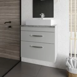 Nuie Athena Wall Hung 2-Drawer Vanity Unit With Grey Worktop 600mm Wide - Gloss White -HEATANDPLUMB Sales nuie athena vanity unit ath046lbg 6