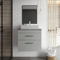 Nuie Athena Wall Hung 2-Drawer Vanity Unit With Grey Worktop 600mm Wide - Gloss White -HEATANDPLUMB Sales nuie athena vanity unit ath046lbg 7