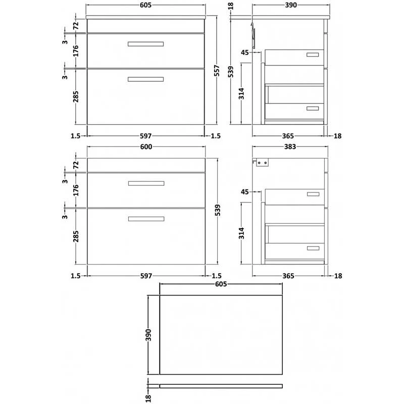 Nuie Athena Wall Hung 2-Drawer Vanity Unit And Worktop 600mm Wide - Gloss White 4 Nuie Athena Wall Hung 2-Drawer Vanity Unit And Worktop 600mm Wide - Gloss White - Image 2