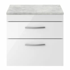 Nuie Athena Wall Hung 2-Drawer Vanity Unit With Grey Worktop 600mm Wide - Gloss White -HEATANDPLUMB Sales nuie athena vanity unit ath048lbg