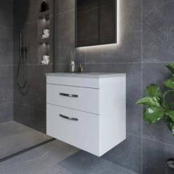 Nuie Athena Wall Hung 2-Drawer Vanity Unit With Grey Worktop 600mm Wide - Gloss White -HEATANDPLUMB Sales nuie athena vanity unit ath048lbg 3