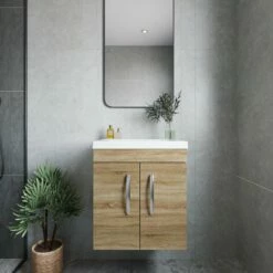 Nuie Athena Wall Hung 2-Door Vanity Unit With Basin-1 500mm Wide - Natural Oak -HEATANDPLUMB Sales nuie athena vanity unit ath084a 2 1