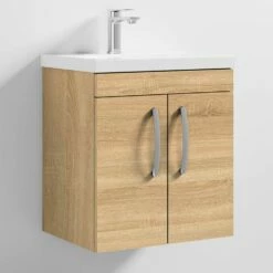 Nuie Athena Wall Hung 2-Door Vanity Unit With Basin-1 500mm Wide - Natural Oak -HEATANDPLUMB Sales nuie athena vanity unit ath084a