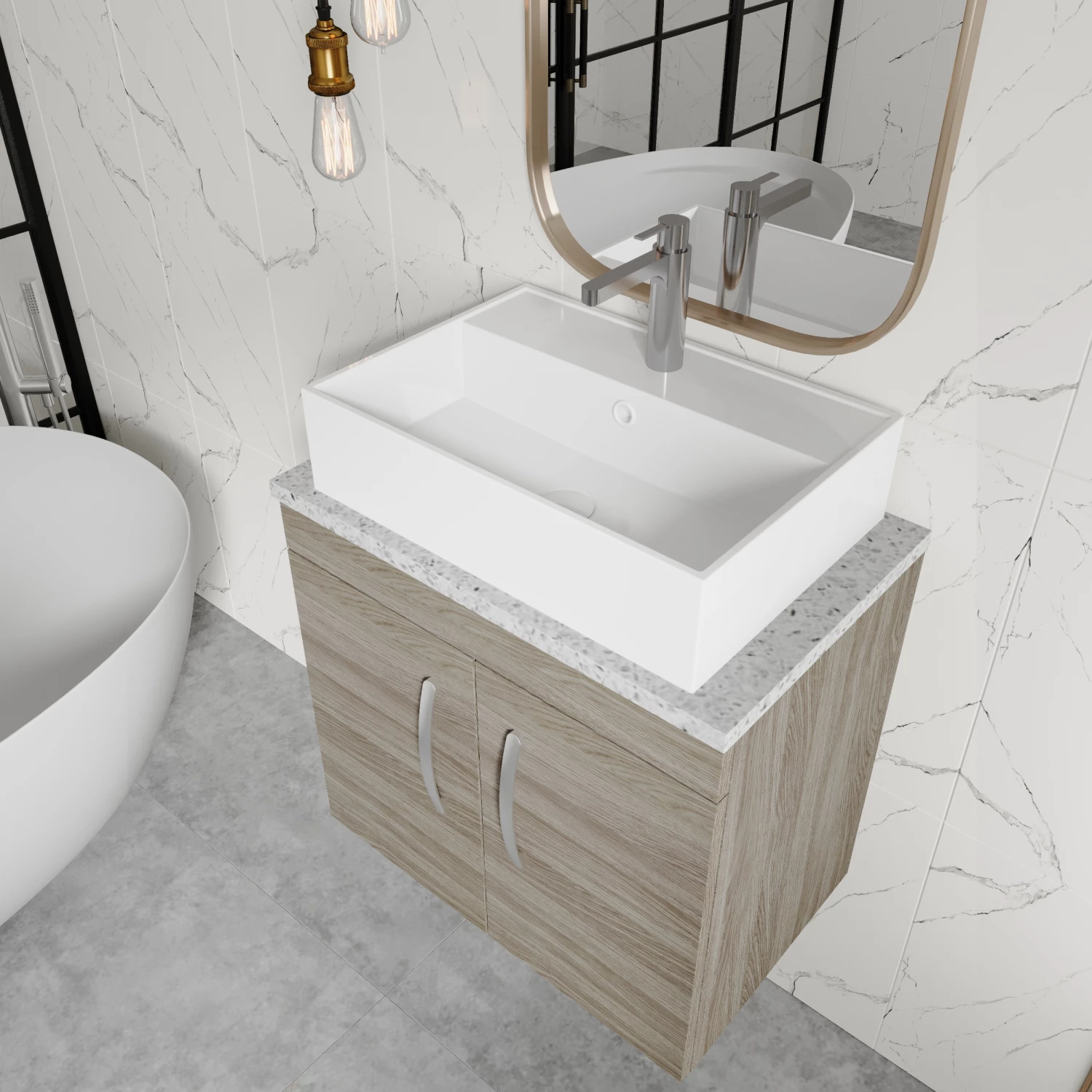 Nuie Athena Wall Hung 2-Door Vanity Unit With Grey Worktop 600mm Wide - Charcoal Black Woodgrain 4 Nuie Athena Wall Hung 2-Door Vanity Unit With Grey Worktop 600mm Wide - Charcoal Black Woodgrain - Image 2