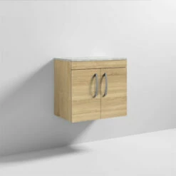 Nuie Athena Wall Hung 2-Door Vanity Unit With Grey Worktop 600mm Wide - Natural Oak -HEATANDPLUMB Sales nuie athena vanity unit ath091lbg 1