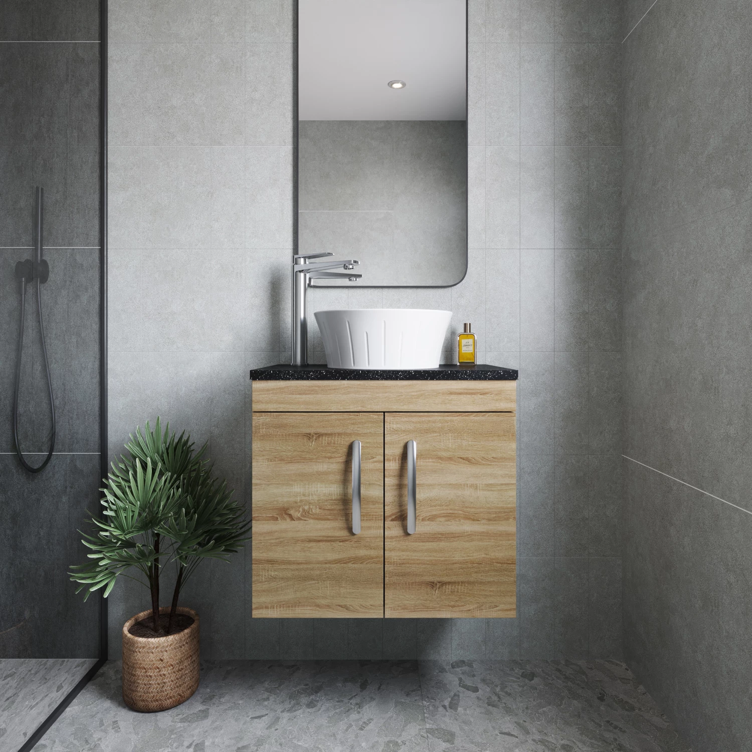 Nuie Athena Wall Hung 2-Door Vanity Unit With Grey Worktop 600mm Wide - Charcoal Black Woodgrain 5 Nuie Athena Wall Hung 2-Door Vanity Unit With Grey Worktop 600mm Wide - Charcoal Black Woodgrain - Image 3
