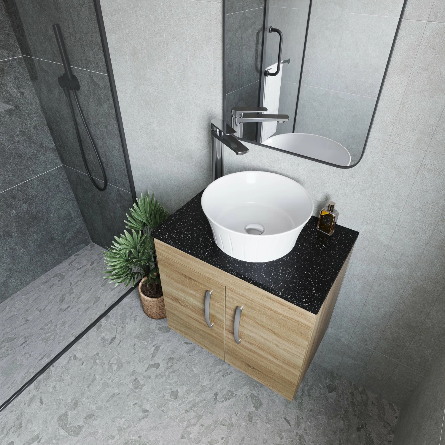 Nuie Athena Wall Hung 2-Door Vanity Unit With Sparkling Black Worktop 600mm Wide - Charcoal Black 5 Nuie Athena Wall Hung 2-Door Vanity Unit With Sparkling Black Worktop 600mm Wide - Charcoal Black - Image 3