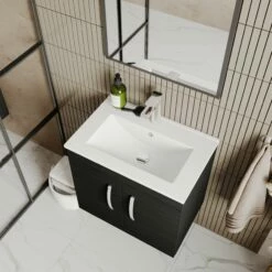 Nuie Athena Wall Hung 2-Door Vanity Unit With Basin-2 600mm Wide - Anthracite Woodgrain -HEATANDPLUMB Sales nuie athena vanity unit ath092b 3 2