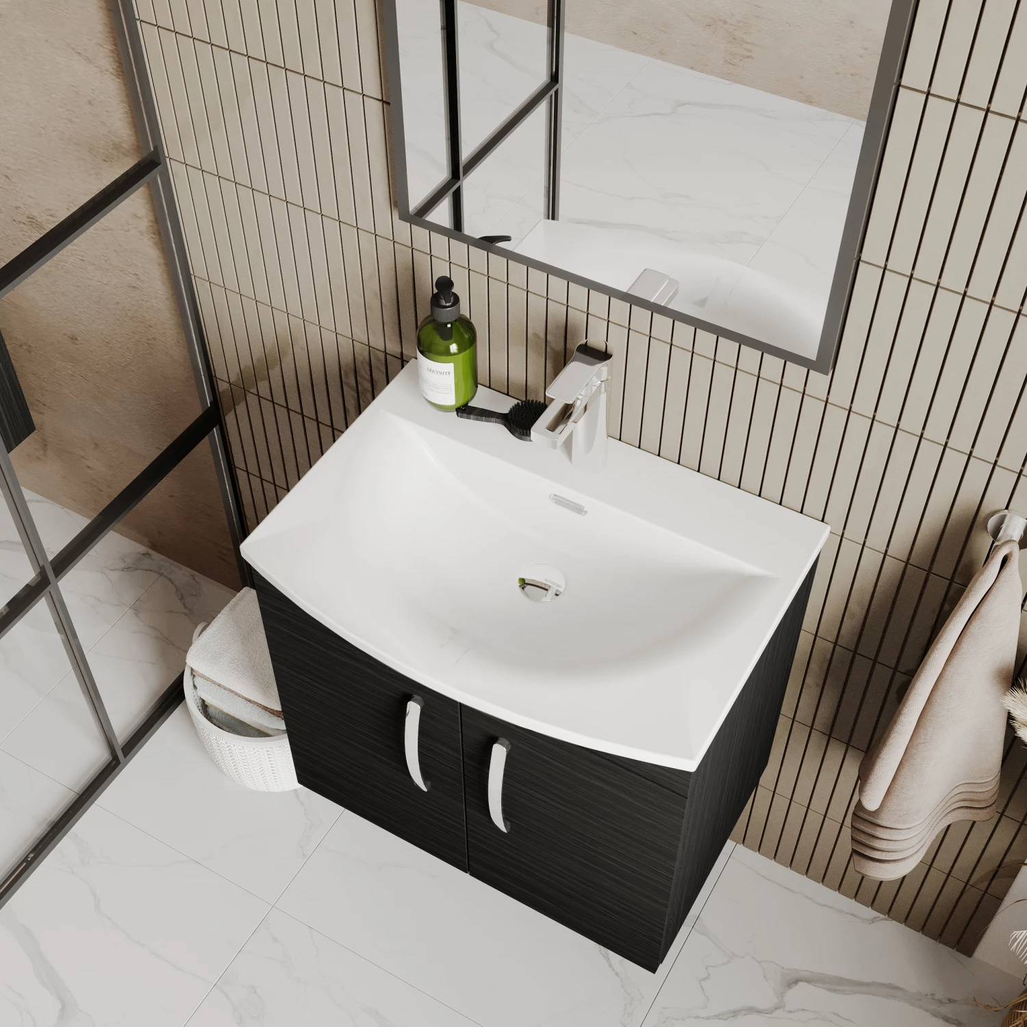 Nuie Athena Wall Hung 2-Door Vanity Unit With Basin-4 600mm Wide - Anthracite Woodgrain 4 Nuie Athena Wall Hung 2-Door Vanity Unit With Basin-4 600mm Wide - Anthracite Woodgrain - Image 2