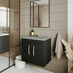 Nuie Athena Wall Hung 2-Door Vanity Unit With Grey Worktop 600mm Wide - Charcoal Black Woodgrain 16 Nuie Athena Wall Hung 2-Door Vanity Unit With Grey Worktop 600mm Wide - Charcoal Black Woodgrain -HEATANDPLUMB Sales nuie athena vanity unit ath092lbg 18