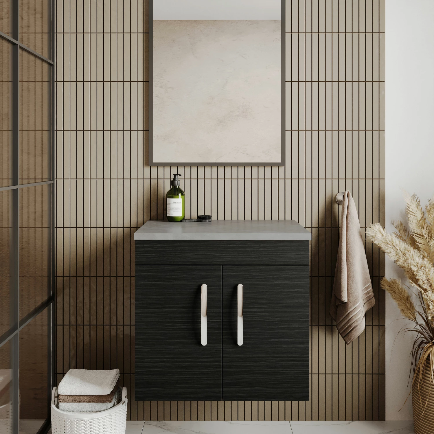 Nuie Athena Wall Hung 2-Door Vanity Unit With Grey Worktop 600mm Wide - Charcoal Black Woodgrain 8 Nuie Athena Wall Hung 2-Door Vanity Unit With Grey Worktop 600mm Wide - Charcoal Black Woodgrain - Image 6