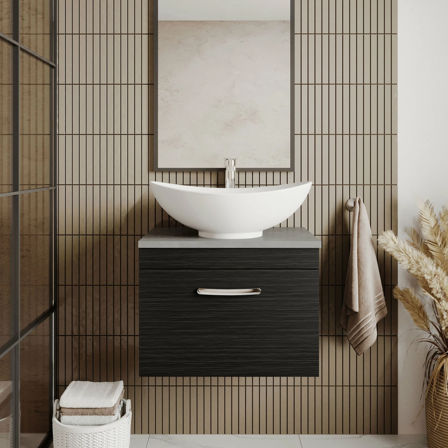 Nuie Athena Wall Hung 2-Door Vanity Unit With Sparkling White Worktop 600mm Wide - Charcoal Black Woodgrain 8 Nuie Athena Wall Hung 2-Door Vanity Unit With Sparkling White Worktop 600mm Wide - Charcoal Black Woodgrain - Image 6