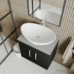 Nuie Athena Wall Hung 2-Door Vanity Unit With Grey Worktop 600mm Wide - Charcoal Black Woodgrain 15 Nuie Athena Wall Hung 2-Door Vanity Unit With Grey Worktop 600mm Wide - Charcoal Black Woodgrain -HEATANDPLUMB Sales nuie athena vanity unit ath092lbg 22