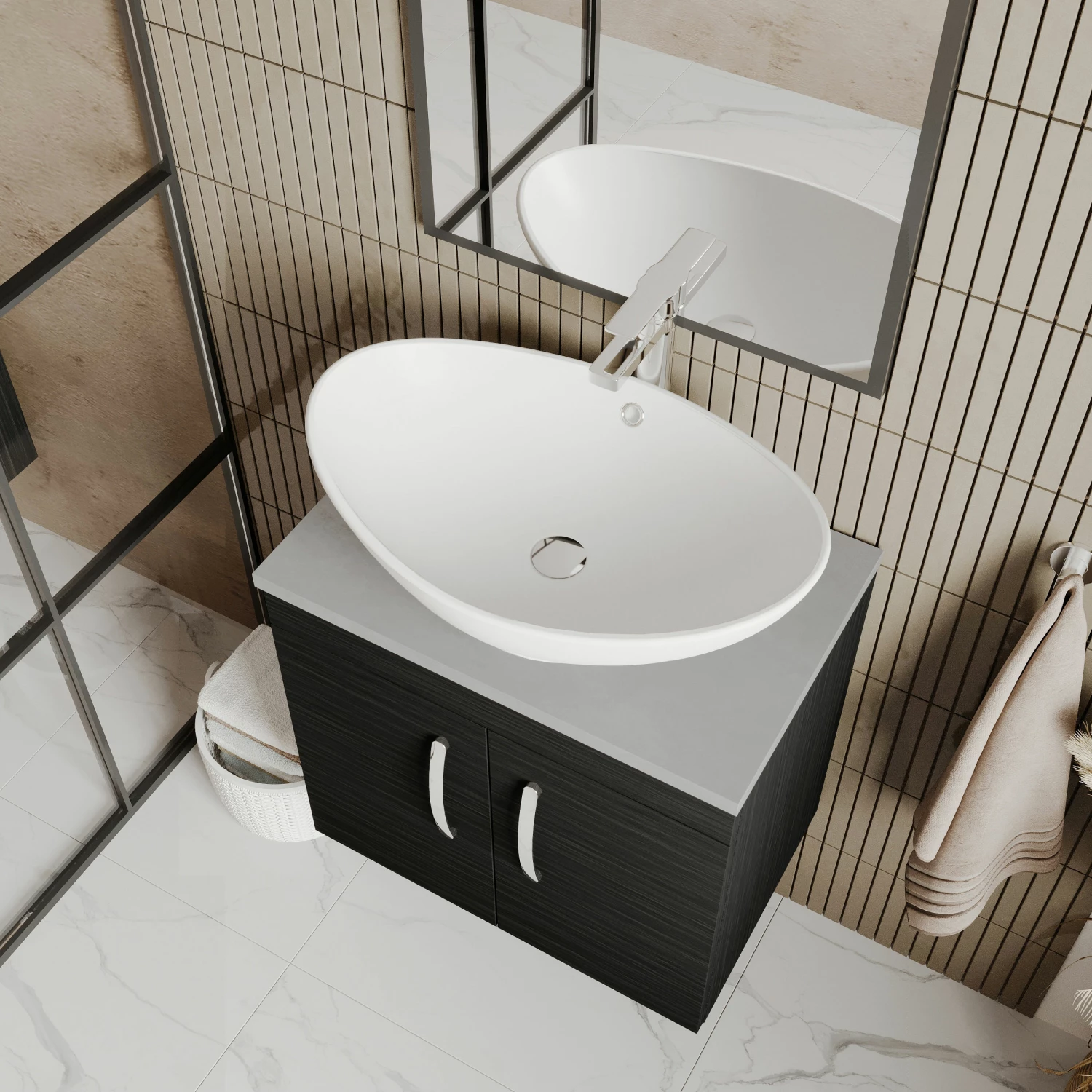 Nuie Athena Wall Hung 2-Door Vanity Unit With Grey Worktop 600mm Wide - Charcoal Black Woodgrain 6 Nuie Athena Wall Hung 2-Door Vanity Unit With Grey Worktop 600mm Wide - Charcoal Black Woodgrain - Image 4