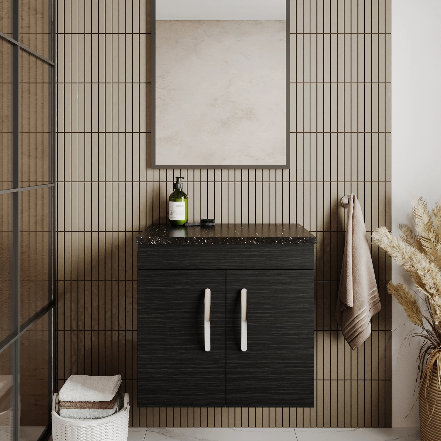 Nuie Athena Wall Hung 2-Door Vanity Unit With Sparkling Black Worktop 600mm Wide - Charcoal Black 8 Nuie Athena Wall Hung 2-Door Vanity Unit With Sparkling Black Worktop 600mm Wide - Charcoal Black - Image 6