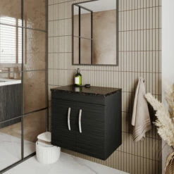 Nuie Athena Wall Hung 2-Door Vanity Unit With Sparkling Black Worktop 600mm Wide - Charcoal Black