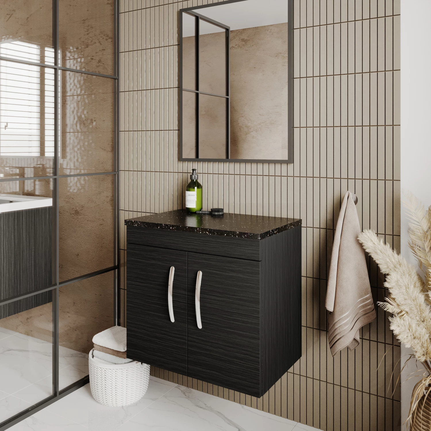 Nuie Athena Wall Hung 2-Door Vanity Unit With Sparkling Black Worktop 600mm Wide - Charcoal Black 3 Nuie Athena Wall Hung 2-Door Vanity Unit With Sparkling Black Worktop 600mm Wide - Charcoal Black