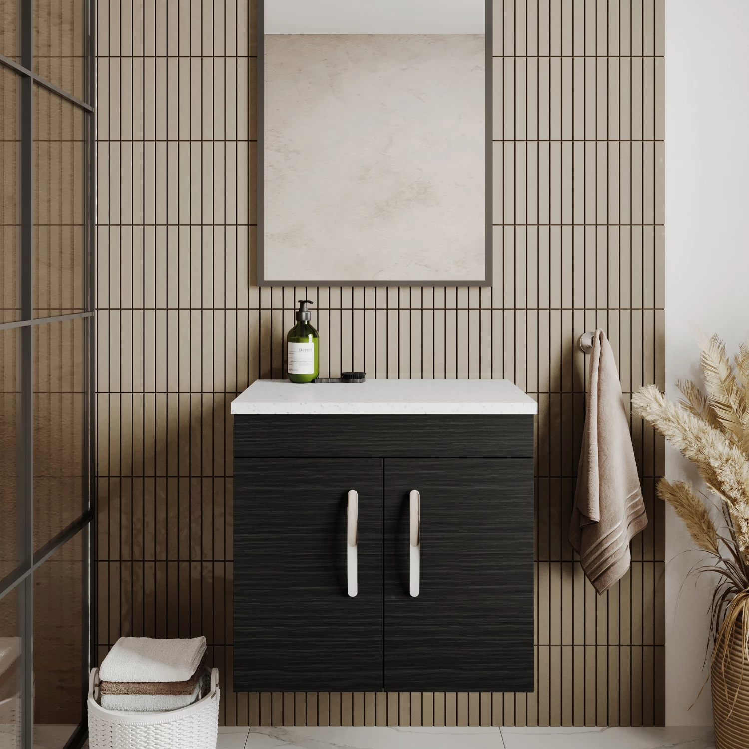Nuie Athena Wall Hung 2-Door Vanity Unit With Sparkling White Worktop 600mm Wide - Charcoal Black Woodgrain 9 Nuie Athena Wall Hung 2-Door Vanity Unit With Sparkling White Worktop 600mm Wide - Charcoal Black Woodgrain - Image 7