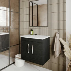 Nuie Athena Wall Hung 2-Door Vanity Unit With Sparkling White Worktop 600mm Wide - Charcoal Black Woodgrain