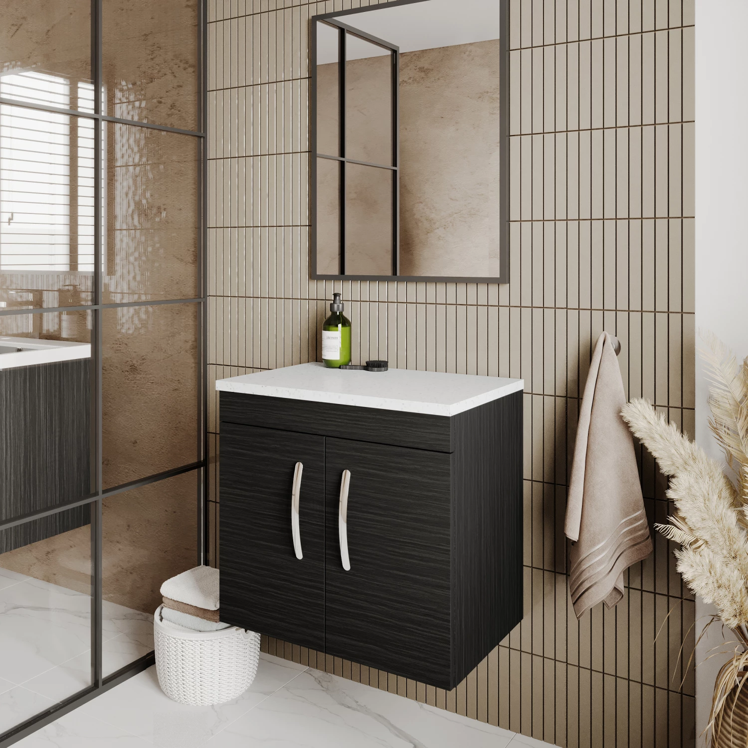 Nuie Athena Wall Hung 2-Door Vanity Unit With Sparkling White Worktop 600mm Wide - Charcoal Black Woodgrain 3 Nuie Athena Wall Hung 2-Door Vanity Unit With Sparkling White Worktop 600mm Wide - Charcoal Black Woodgrain