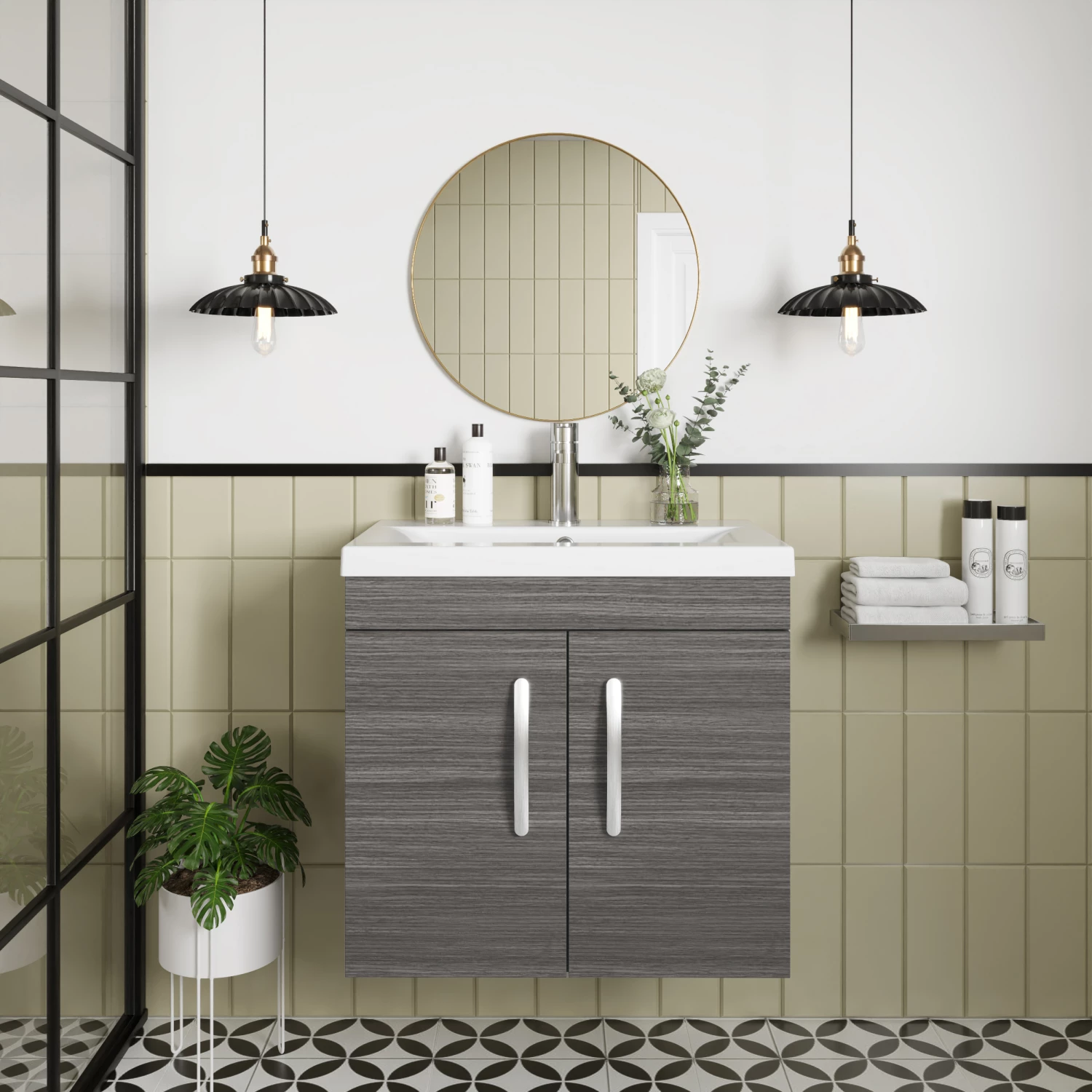 Nuie Athena Wall Hung 2-Door Vanity Unit With Basin-4 600mm Wide - Anthracite Woodgrain 7 Nuie Athena Wall Hung 2-Door Vanity Unit With Basin-4 600mm Wide - Anthracite Woodgrain - Image 5
