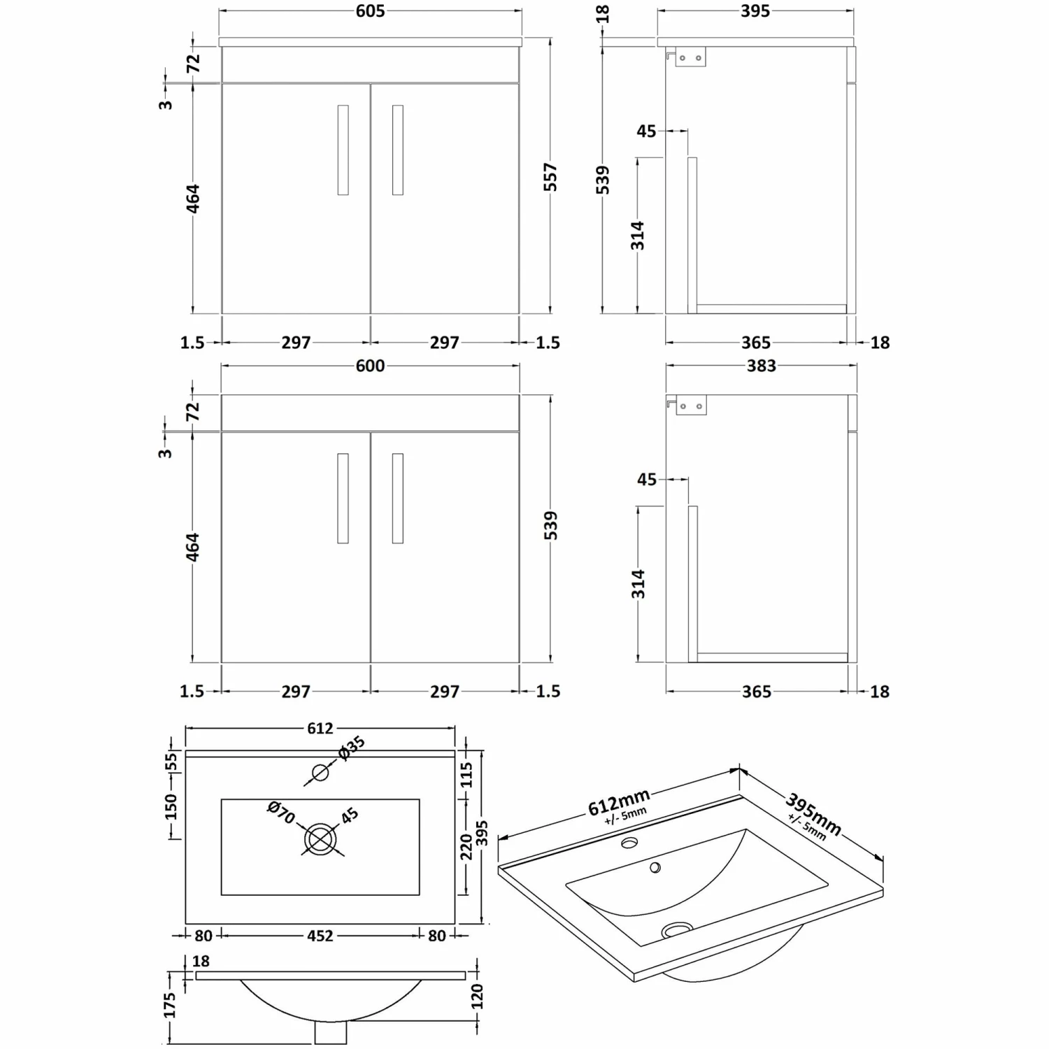 Nuie Athena Wall Hung 2-Door Vanity Unit With Basin-2 600mm Wide - Natural Oak 6 Nuie Athena Wall Hung 2-Door Vanity Unit With Basin-2 600mm Wide - Natural Oak - Image 4