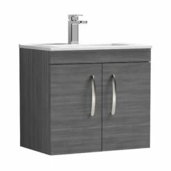 Nuie Athena Wall Hung 2-Door Vanity Unit With Basin-2 600mm Wide - Anthracite Woodgrain -HEATANDPLUMB Sales nuie athena vanity unit ath093b 2